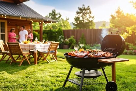 food cooking on a grill with people in the background