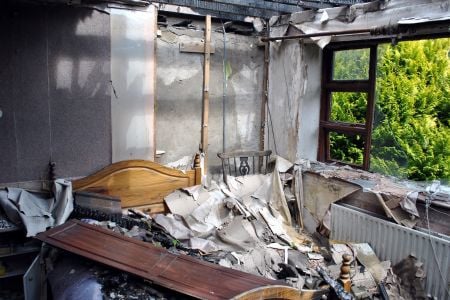 fire damage in a bedroom 