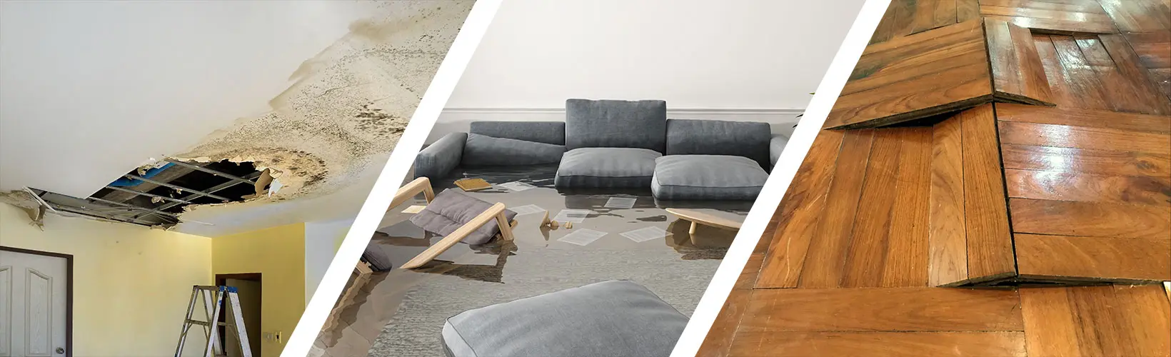 water damaged ceiling, flooded living room, and water-damaged flooring